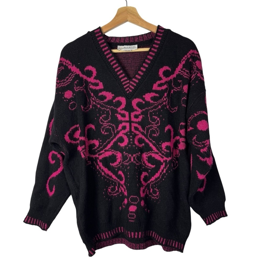 Vintage Ellen D Black & Hot Pink Knit V-Neck Sweater M